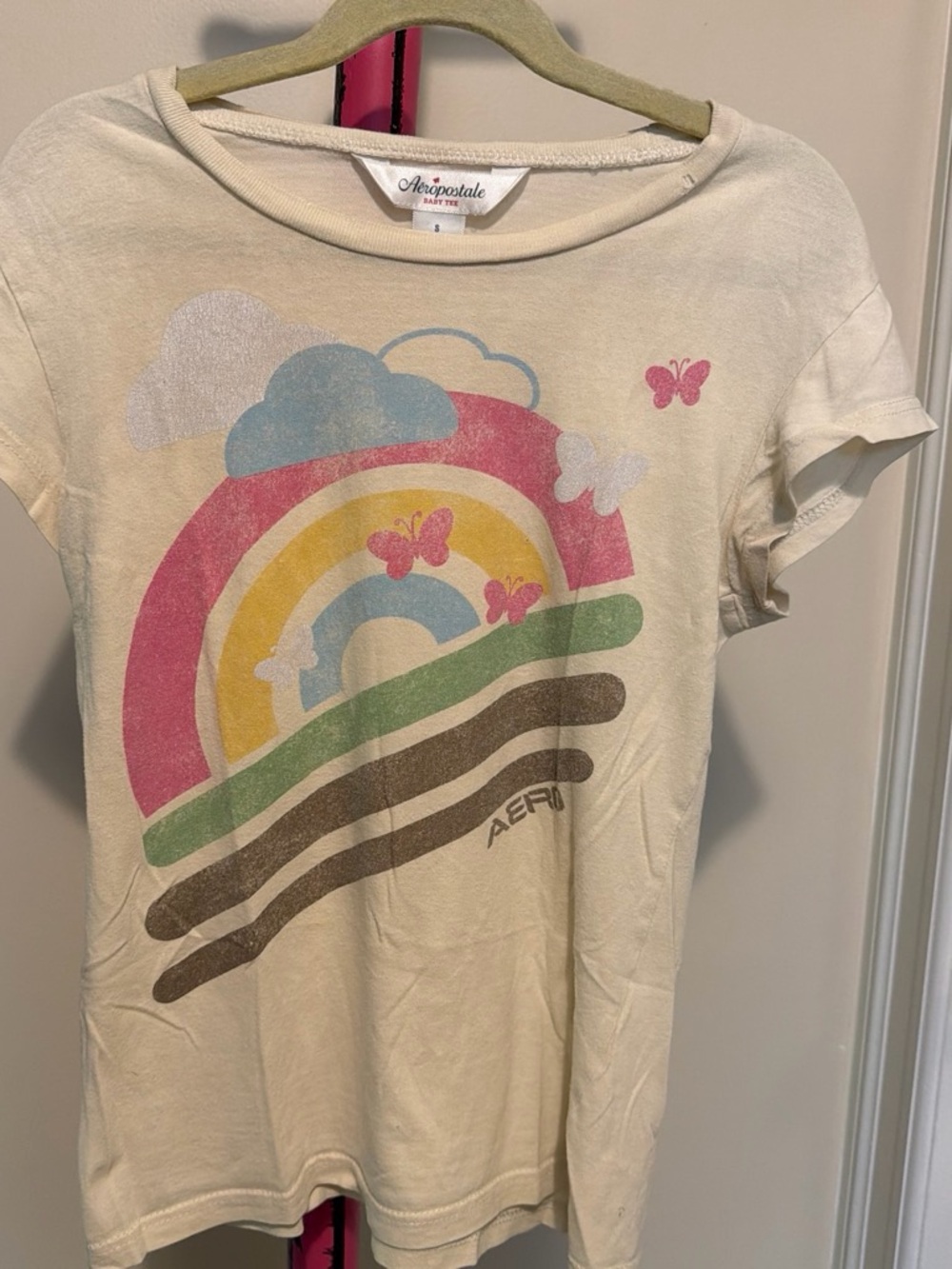 Vintage Y2K Aeropostale Pastel Rainbow Butterfly Baby Tee Size S